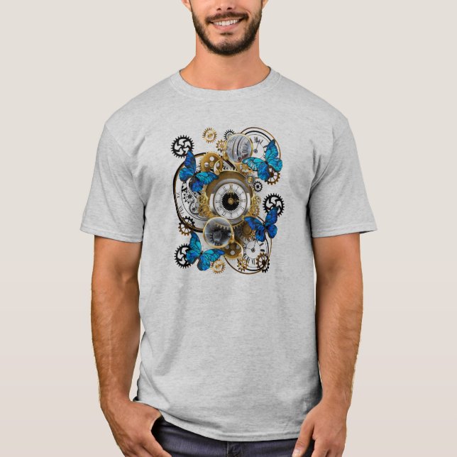 Steampunk Gears och Blue Butterflies T Shirt (Framsida)