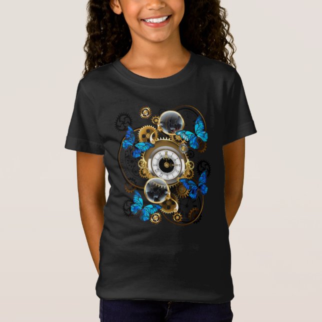 Steampunk Gears och Blue Butterflies T Shirt (Framsida)