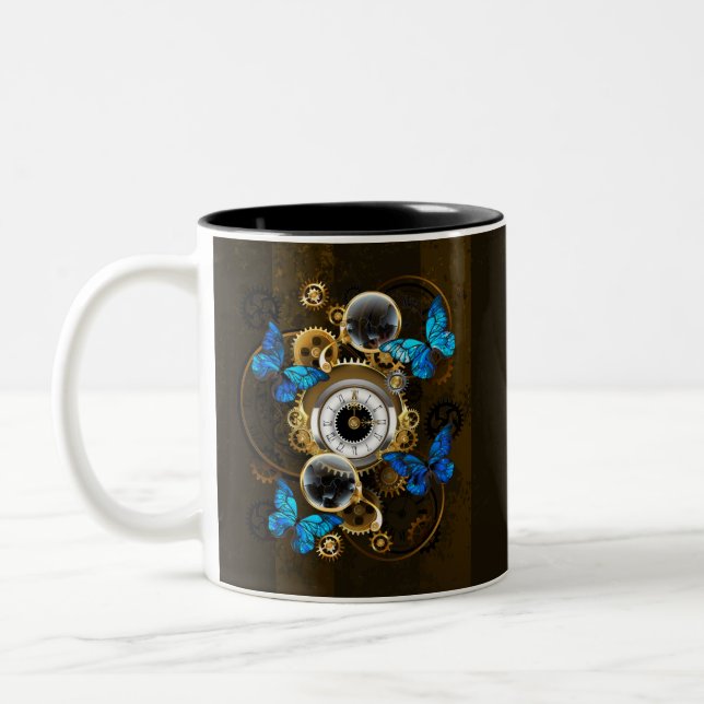 Steampunk Gears och Blue Butterflies Två-Tonad Mugg (Vänster)