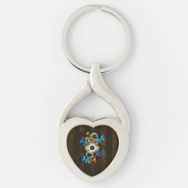 Steampunk Gears och Blue Butterflies Twisted Heart Silverfärgad Nyckelring (Framsidan)