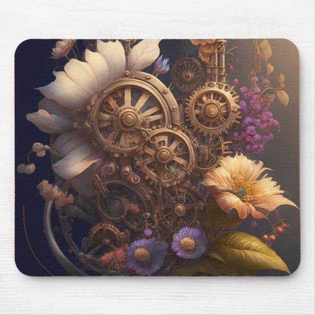 Steampunk Gears och Lila and White Flowers Musmatta (Framsidan)