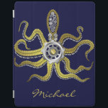Steampunk Gears Octopus Kraken iPad Skydd<br><div class="desc">Det tentaksade ångpunksjömonstret på anpassningsbarna ipad cover har åtta vajerliknande guld, ett centralt silver-redskap och många växlar och bultar som skapar upp huvudet, öga och sugande kopp. Det är en robot bläckfisk/kraken, ett metall maskin monster för alla som gillar geeky science-fiction/fantasyvarelser. Färg med blå bakgrund är anpassade. Lägg enkelt till...</div>