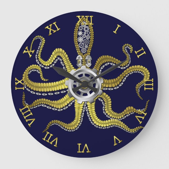Steampunk Gears Octopus Kraken Nautical Guld Blue Stor Klocka (Framsida)