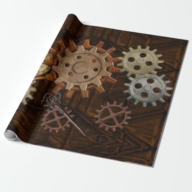 Steampunk Gears on Coppery-look Geometric Design Presentpapper (Utrullad)