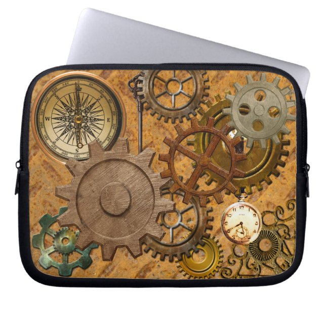 Steampunk Gears on Metall-look Street Plate Design Laptop Sleeve (Framsidan)