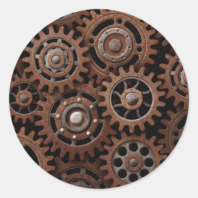 Steampunk Gears Runt Klistermärke (Framsida)