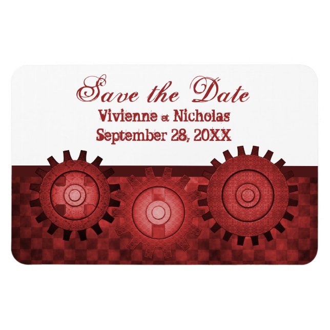 Steampunk Gears Save Date Flexi Magnet, Red Magnet (Horisontell)