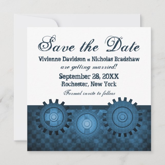 Steampunk Gears Save Date Inbjudan, Blue Inbjudningar (Framsida)