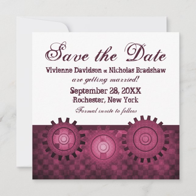 Steampunk Gears Save Date Inbjudan, Fuchsia Inbjudningar (Framsida)