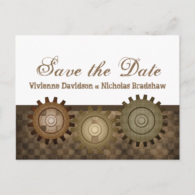 Steampunk Gears Save Date Postcard, Brown Meddelande Vykort (Framsida)