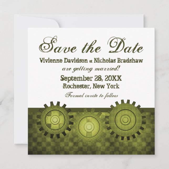 Steampunk Gears Save the Date Inbjudan, Grönt Inbjudningar (Framsida)