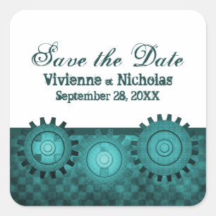 Steampunk Gears Save the Date Stickers, Teal Fyrkantigt Klistermärke