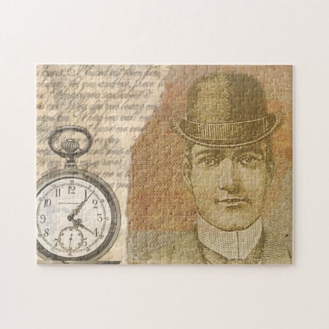 Steampunk gentleman Pocket Watch Bowlareare Hat Pussel (Horisontell)