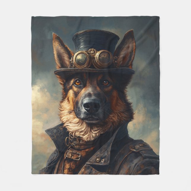 Steampunk German Shepherd Dog in Top Hat Fleecefilt (Framsidan)