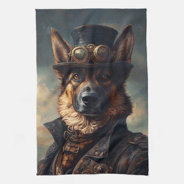 Steampunk German Shepherd Dog in Top Hat Kökshandduk (Vertikal)