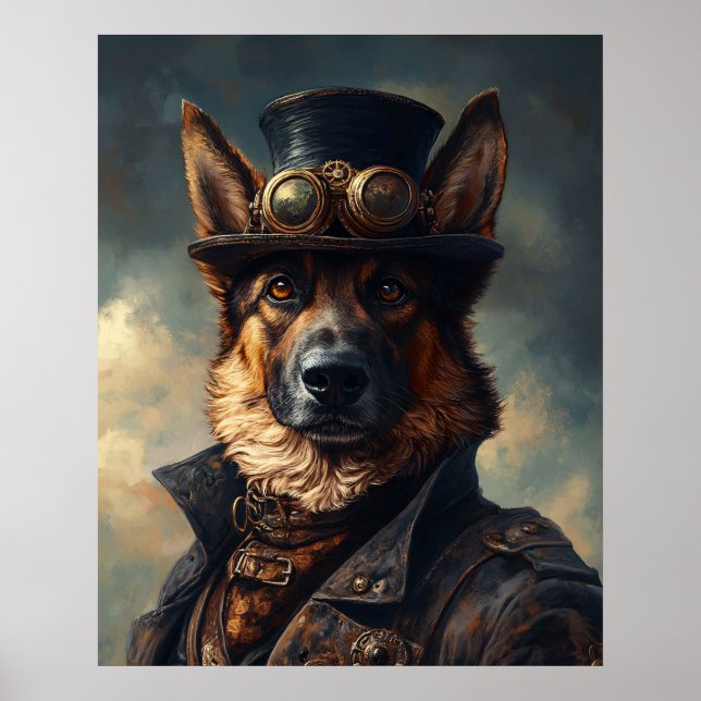 Steampunk German Shepherd Dog in Top Hat Poster (Framsidan)