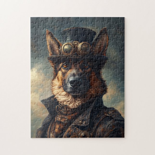 Steampunk German Shepherd Dog in Top Hat Pussel (Vertikal)