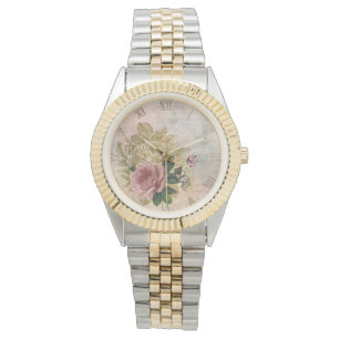 Steampunk Glam Rosa och Guld Ro Rustic Blommigt Armbandsur