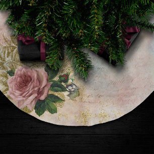 Steampunk Glam Rosa och Guld Ro Rustic Blommigt Julgransmatta Borstad Polyester