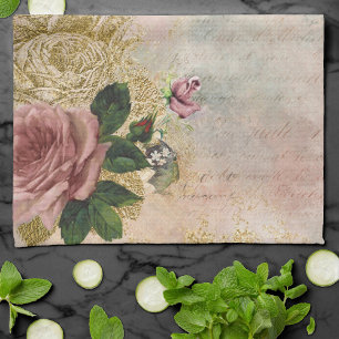 Steampunk Glam   Rosa och Guld Ro Rustic Blommigt Kökshandduk
