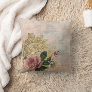 Steampunk Glam Rosa och Guld Ro Rustic Blommigt Kudde