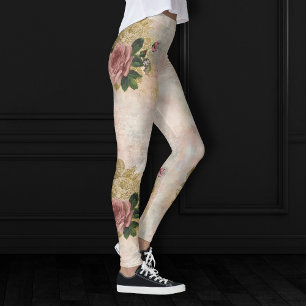 Steampunk Glam Rosa och Guld Ro Rustic Blommigt Leggings