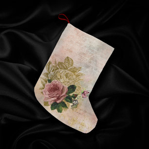 Steampunk Glam Rosa och Guld Ro Rustic Blommigt Liten Julstrumpa