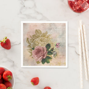 Steampunk Glam Rosa och Guld Ro Rustic Blommigt Pappersservett