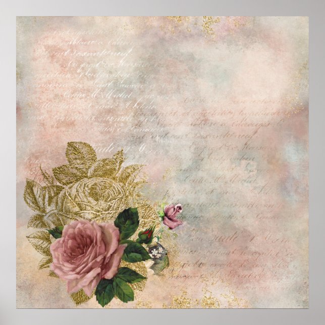 Steampunk Glam | Rosa och Guld Ro Rustic Blommigt Poster (Framsidan)