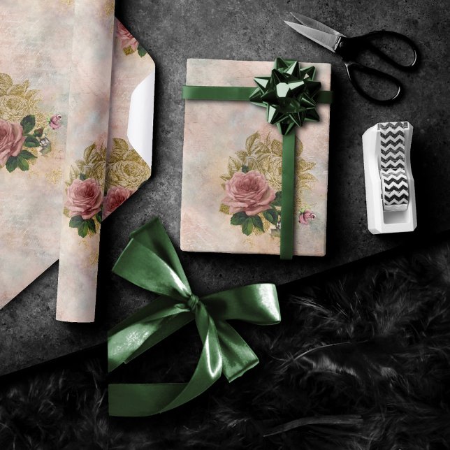 Steampunk Glam | Rosa och Guld Ro Rustic Blommigt Presentpapper (Skapare uppladdad)