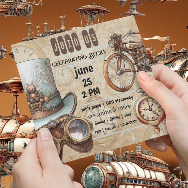 Steampunk Goggles Bike Top hat Clocks Party Inbjudningar (Steampunk industrial whimsical customizable birthday party or special occasion invitation)