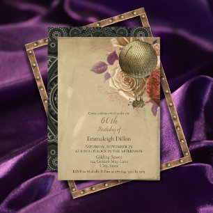 Steampunk Golden Luftballong Blommigt Birthday Inbjudningar
