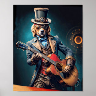 Steampunk Golden Retriever spelar gitarr Poster