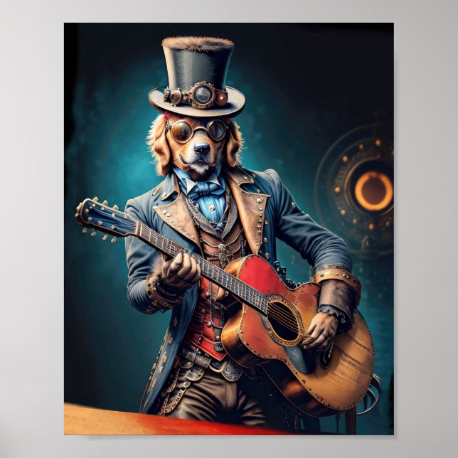 Steampunk Golden Retriever spelar gitarr Poster (Framsidan)