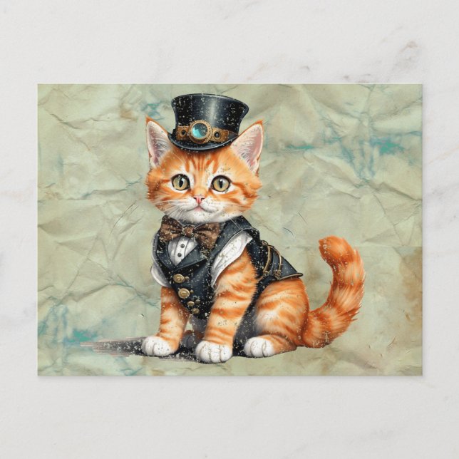 Steampunk: Gothic Kattunge Art för Cat Lovers Vykort (Framsida)