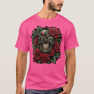 Steampunk Gothic Skull Röd ros Mörk Grunge Graph T Shirt
