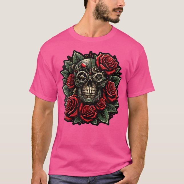 Steampunk Gothic Skull Röd ros Mörk Grunge Graph T Shirt (Framsida)