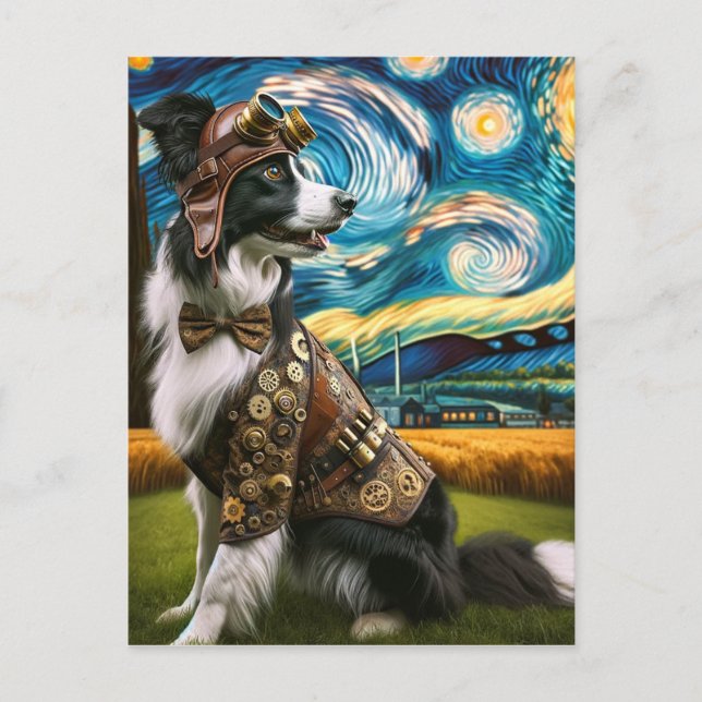 Steampunk Gräns Collie i Starry Natt Vykort (Framsida)