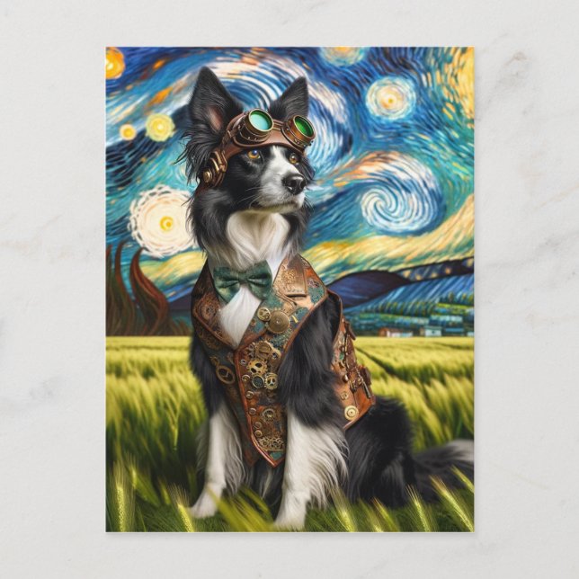 Steampunk Gräns Collie i Starry Natt Vykort (Framsida)