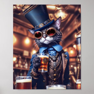Steampunk grått-katt med top hat, glasögon, öl- poster