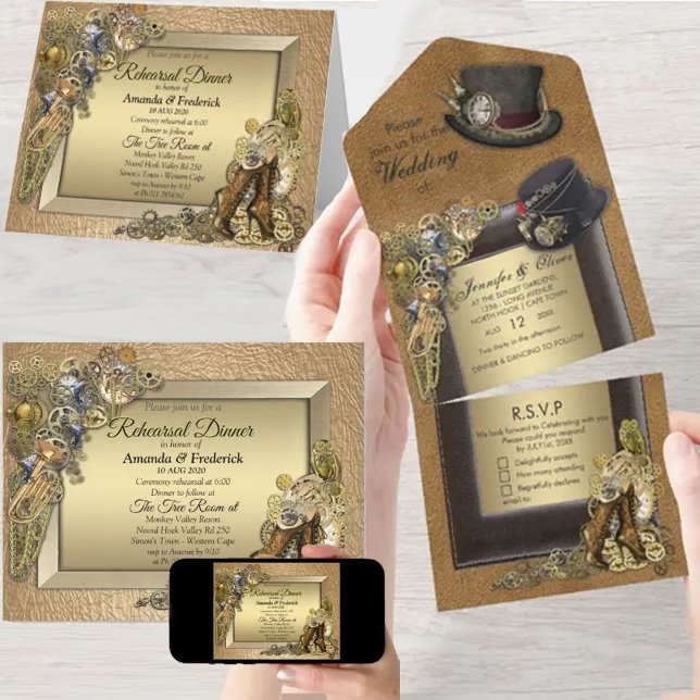 Steampunk & guld Läder Allt-i-ett bröllopsinbjudan (Steampunk & gold Leather invitations)