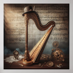 Steampunk Harp = SheetMusic Background Poster