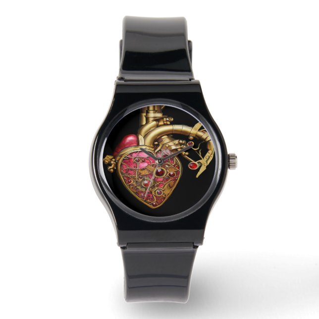 Steampunk Heart Anatomical Rubies och Gears Armbandsur (Framsida)