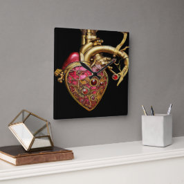 Steampunk Heart Anatomical Rubies och Gears Fyrkantig Klocka