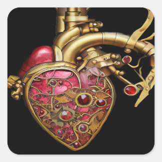 Steampunk Heart Anatomical Rubies och Gears Fyrkantigt Klistermärke