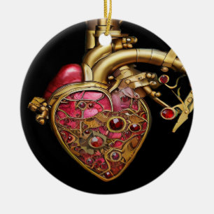 Steampunk Heart Anatomical Rubies och Gears Julgransprydnad Keramik