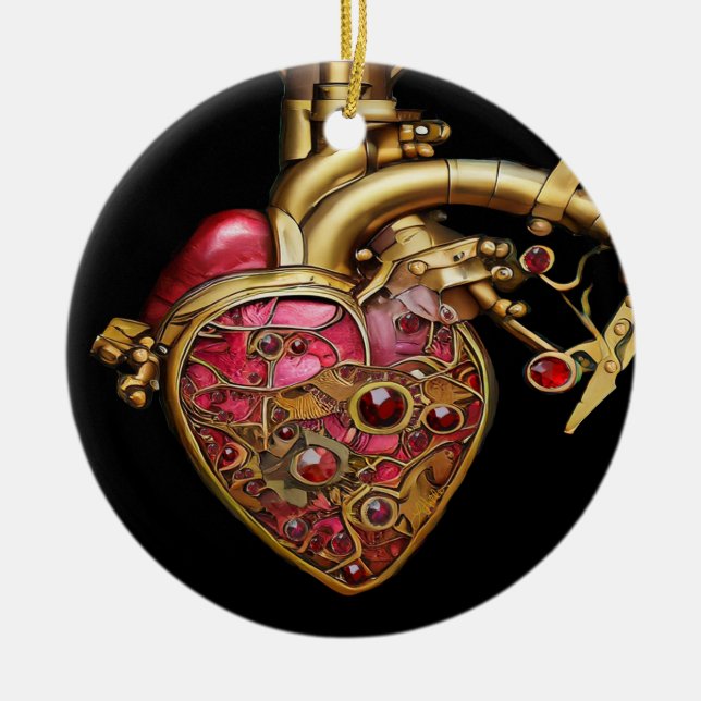 Steampunk Heart Anatomical Rubies och Gears Julgransprydnad Keramik (Framsidan)