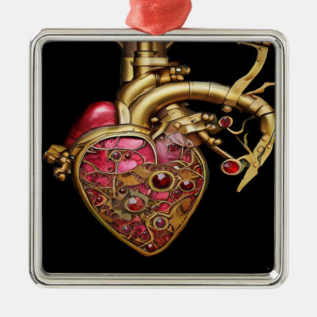 Steampunk Heart Anatomical Rubies och Gears Julgransprydnad Metall (Framsidan)
