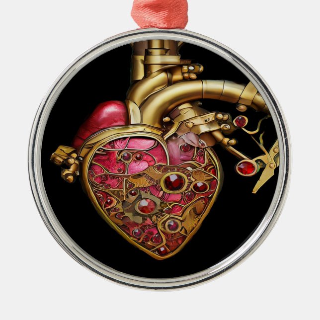 Steampunk Heart Anatomical Rubies och Gears Julgransprydnad Metall (Framsidan)