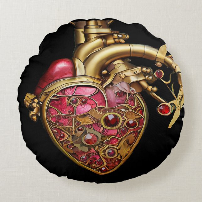 Steampunk Heart Anatomical Rubies och Gears Rund Kudde (Framsidan)
